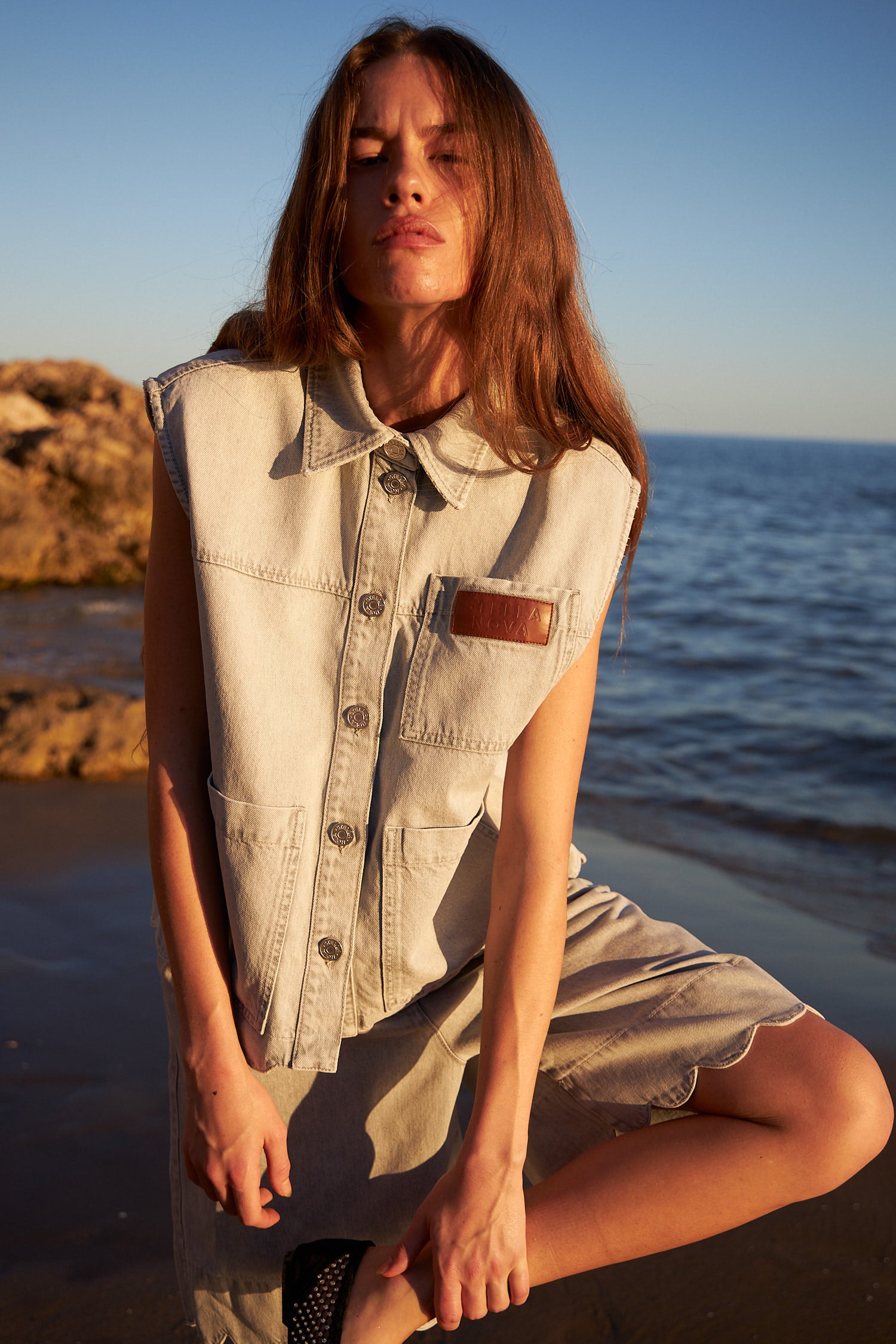 Stella Nova Scallop edge denim vest Vest 490 Light Grey