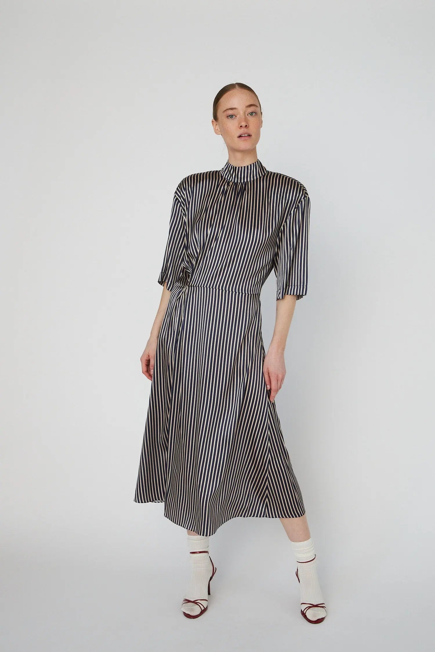 Stella Nova Striped Silk Midi Dress Dress 041 Creme Blue Stripes